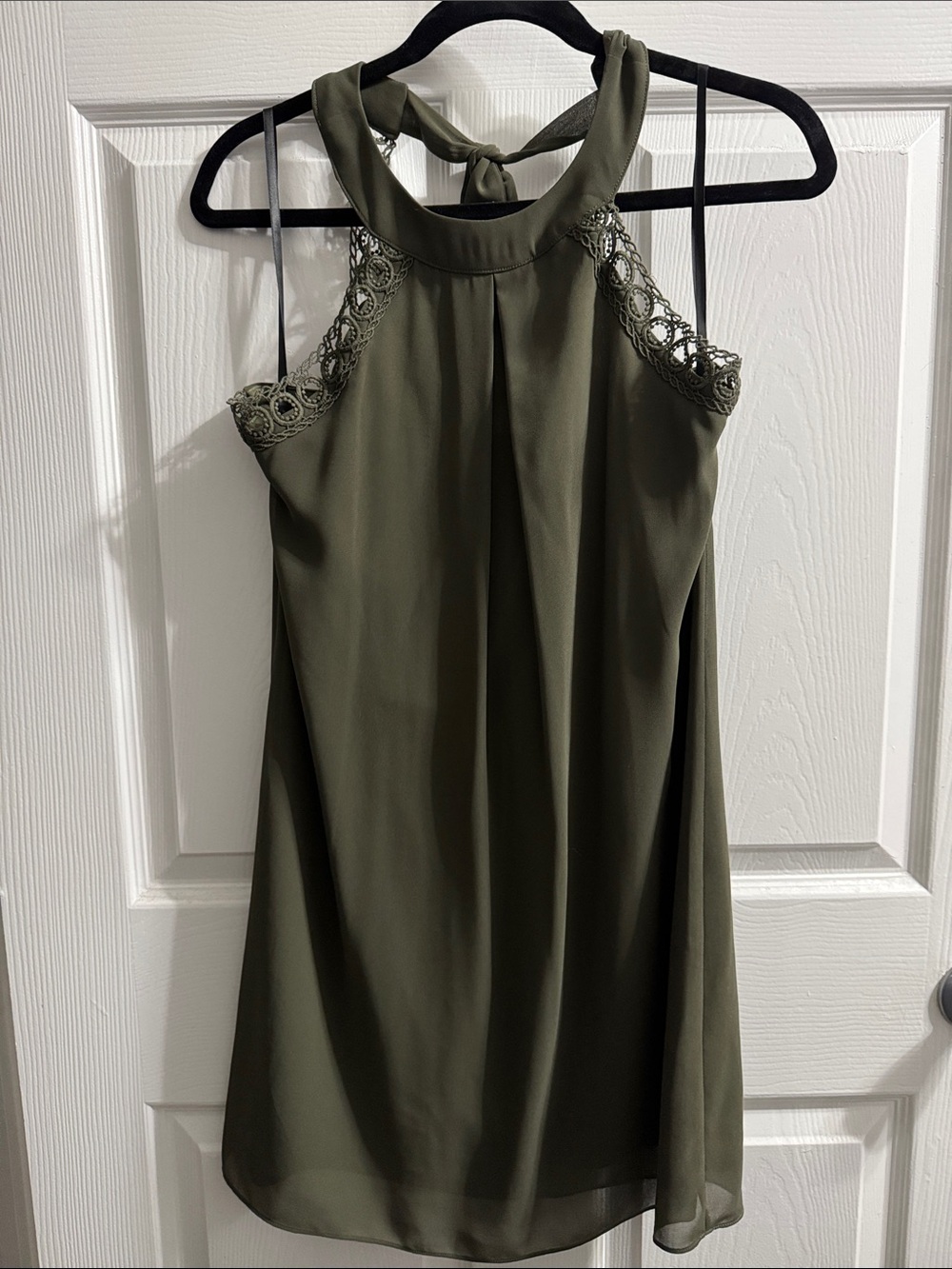 Olive Green Halter Dress with Lace Trim
